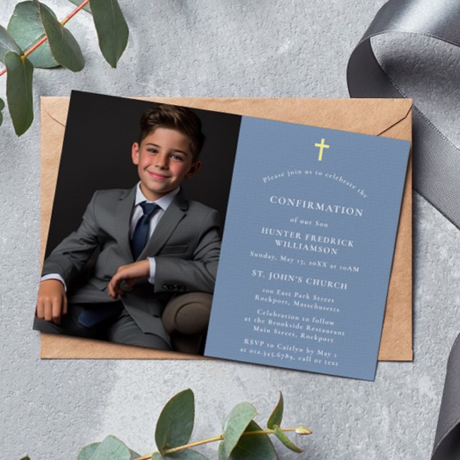Convites Confirmação mínima de foto azul na moda moderna (Criador carregado)