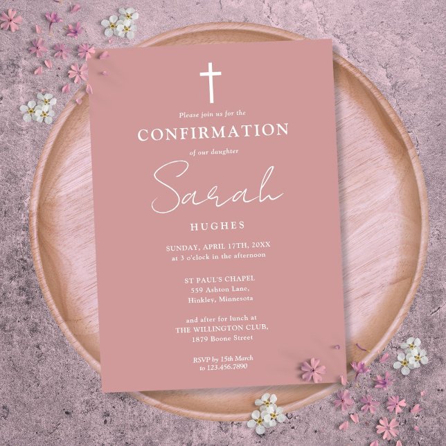Convites Confirmação Minimalista Dusty Rosa Modern (Dusty Rose Modern Minimalist Confirmation Invitation)