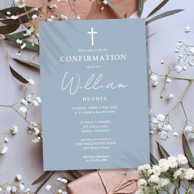 Convites Confirmação Minimalista Moderna Azul Empoeirado (Dusty Blue Modern Minimalist Confirmation Invitation)