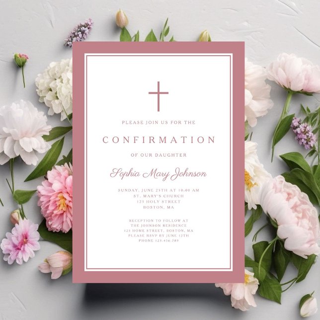 Convites Confirmação Moderna de Menina com Cruz Rosa Empoei (Modern Dusty Pink Cross Girl Confirmation Invitation)