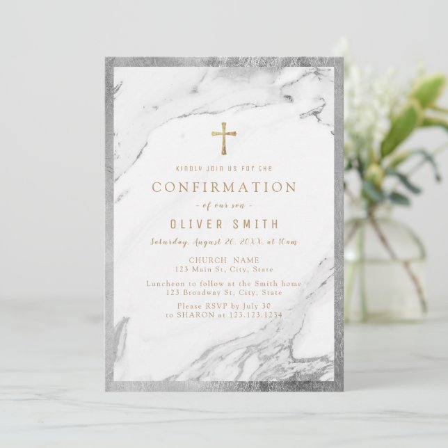 Convites Confirmação moderna do mármore prateado dourado (Em pé/Frente)