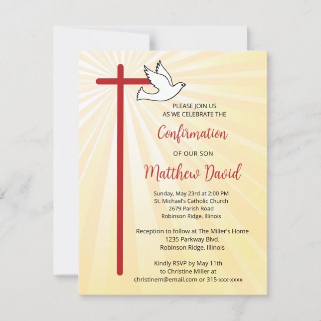 Convites Confirmação para Raios Dourados da Son Cross Dove (Frente)