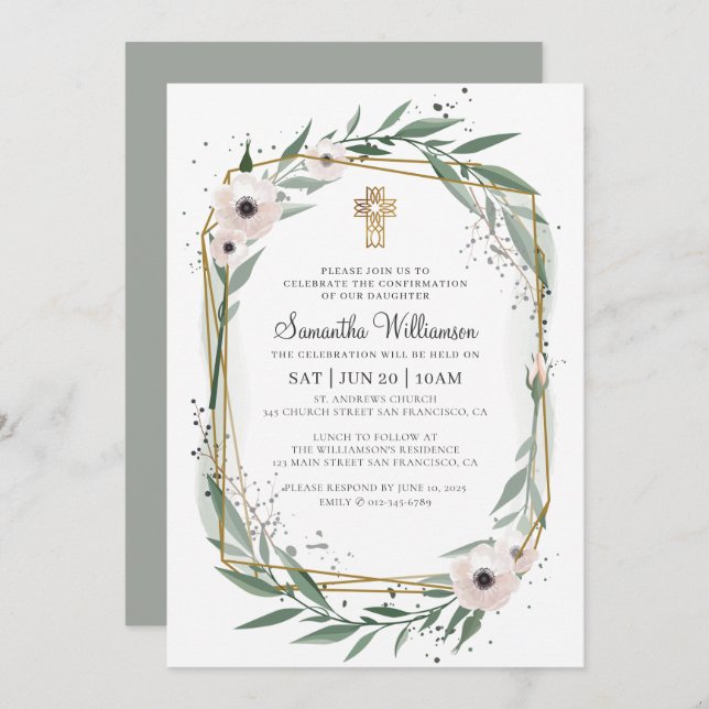 Convites Confirmação Para Sua Cruz Floral Geométrica Modern (Frente/Verso)