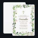 Convites Confirmação Para Sua Cruzada De Folhagem De Aquare<br><div class="desc">O design é composto por produtos de botânica foliar verde folha e adornado por uma simples cruz de ouro falsa. Disponível aqui: http://www.zazzle.com/store/selectpartysupplies</div>