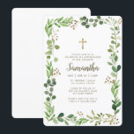 Convites Confirmação Para Sua Cruzada De Folhagem De Aquare<br><div class="desc">O design é composto por produtos de botânica foliar verde folha e adornado por uma simples cruz de ouro falsa. Disponível aqui: http://www.zazzle.com/store/selectpartysupplies</div>