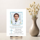 Convites CONFIRMAÇÃO Personalizada Cross Blue Boy | FOTO<br><div class="desc">Saborosos e delicados convites de CONFIRMAÇÃO personalizados, brancos e azuis, para rapazes. Moldura de folha de ouro em azul claro com FOTO / foto e cruz encantadora com losango falho. A parte de trás da carta tem o monograma do menino. Modelos Easy DIY - basta adicionar seu texto e sua...</div>