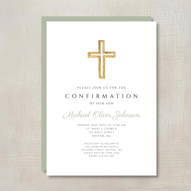Convites Confirmação Religiosa Religiosa Elegante Sage (Elegant Sage Green Religious Cross Confirmation Invitation)