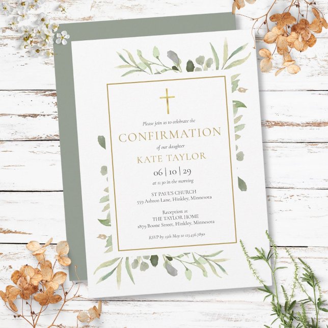 Convites Confirmação Verde Água Dourada (Watercolor Greenery Gold Confirmation Invitation)