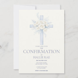 Convites Confirmation Invite, Modern Blue Floral Cross