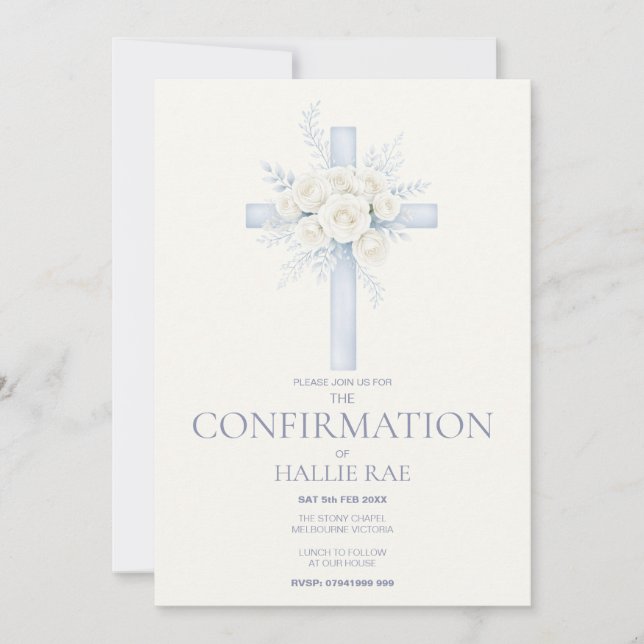 Convites Confirmation Invite, Modern Blue Floral Cross (Frente)