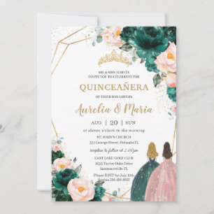 Convites Conjunta Quinceañera Emerald Green Blush Floral