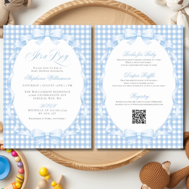 Convites Conjunto Blue Gingham Coquette com Laço para Chás  (Blue Gingham Coquette Bow All-in-One Baby Shower Invitation)