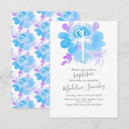 Convites Conjunto de Batismo Floral Aquarela Cruz Azul