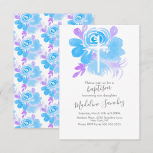 Convites Conjunto de Batismo Floral Aquarela Cruz Azul