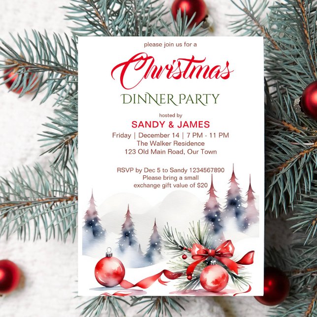 Convites conjunto de bolas vermelhas clássicas com laço par (Classical Christmas dinner party template invitation instant download red baubles ribbon snowy pines)