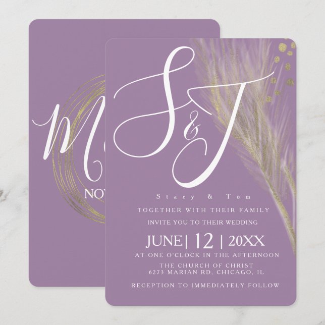 Convites Conjunto de Casamento Pampas Violeta Dourado com F (Frente/Verso)