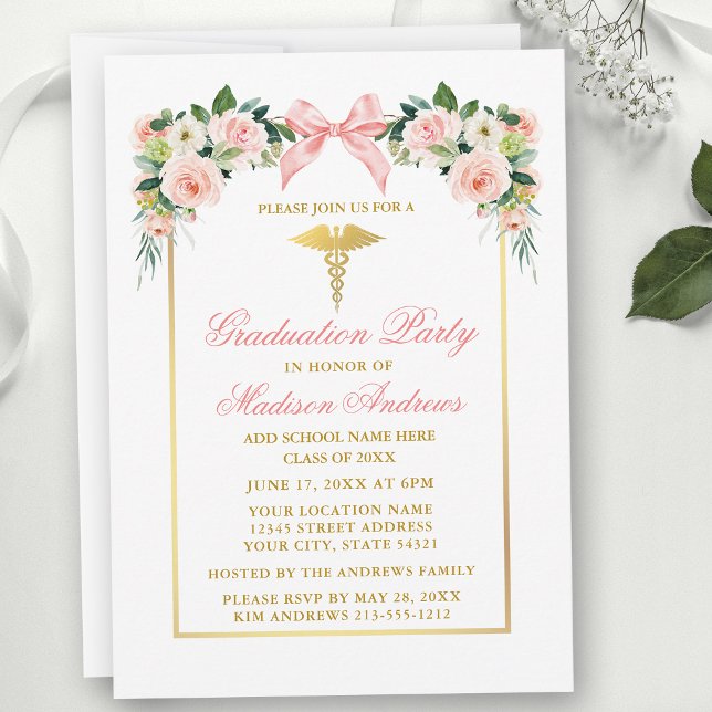 Convites Conjunto de festa de formatura médica com laço ros (Customize to change text color, text style or to add text to back of card.)
