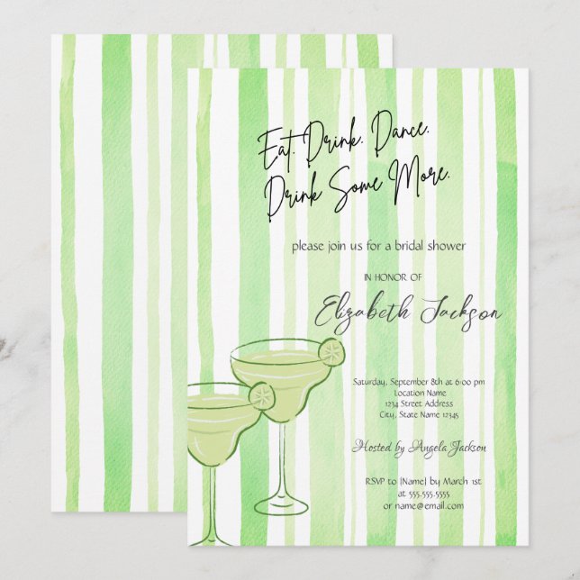 Convites Conjunto de Martini de Aquarela com Listras Verdes (Frente/Verso)