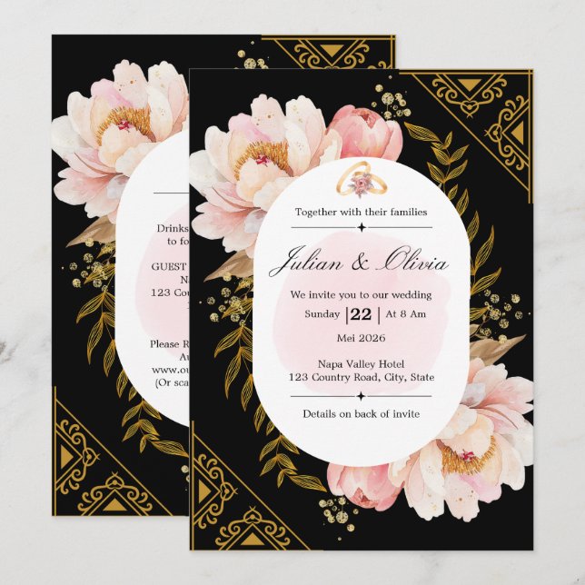 Convites Conjunto de Noiva Floral com Gradiente Pastel Mode (Frente/Verso)