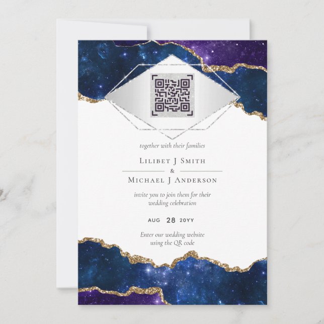 Convites Conjunto de NOIVA Modern Agate Blue com QR Code (Frente)