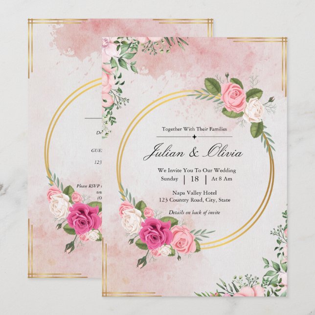 Convites Conjunto de Noiva Rosa Água-Forte Casamento (Frente/Verso)