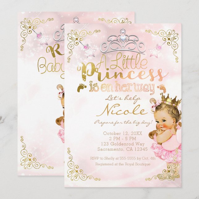 Convites Conjunto de Tutu e Coroa com Brilho de Princesa Ro (Frente/Verso)