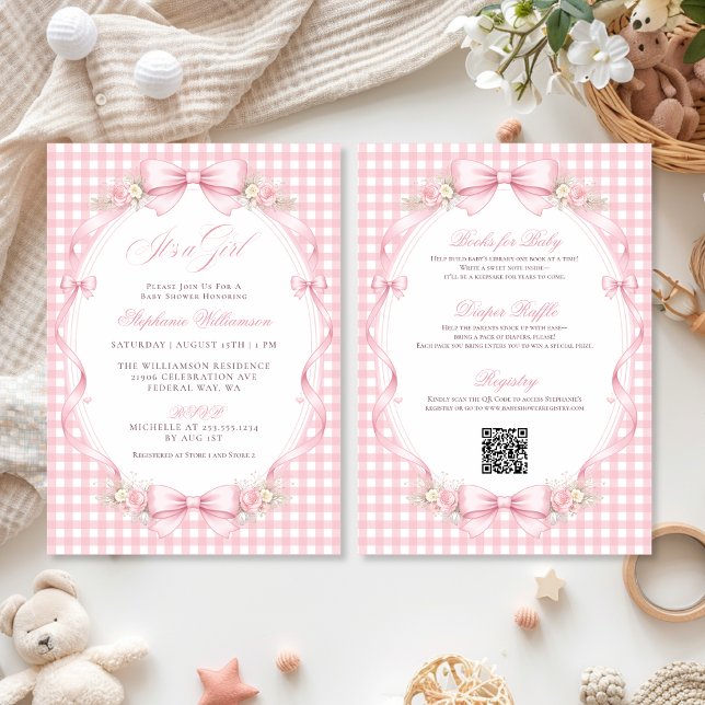 Convites Conjunto Rosa Xadrez com Laço Charmoso para Chá de (Pink Gingham Coquette Bow All-in-One Baby Shower Invitation)