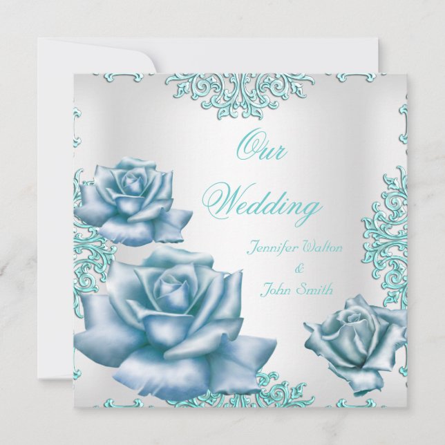 Convites Conjuntos de Casamento Elegantes com Rosas Azuis T (Frente)