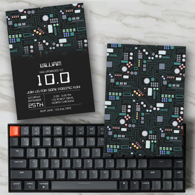 Convites Conselho de circuito de computador, crianças, Fest (Computer Circuit Board Kids Robotic Birthday Party Invitation)