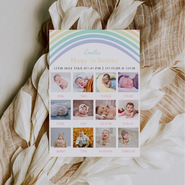 Convites Conselho de fotos do primeiro aniversario Pastel R (1st Birthday Photo Board Pastel Rainbow Invitation)