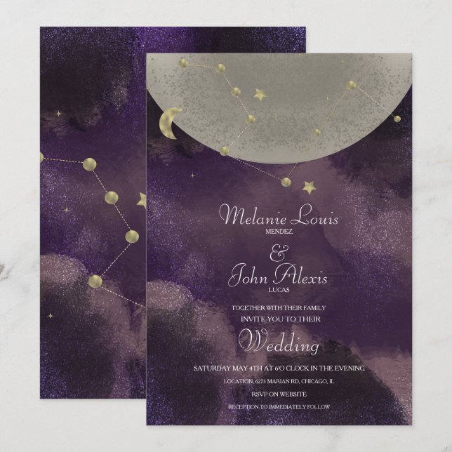 Convites Constelação da Lua Dourado Roxo Casamento Celestia (Frente/Verso)