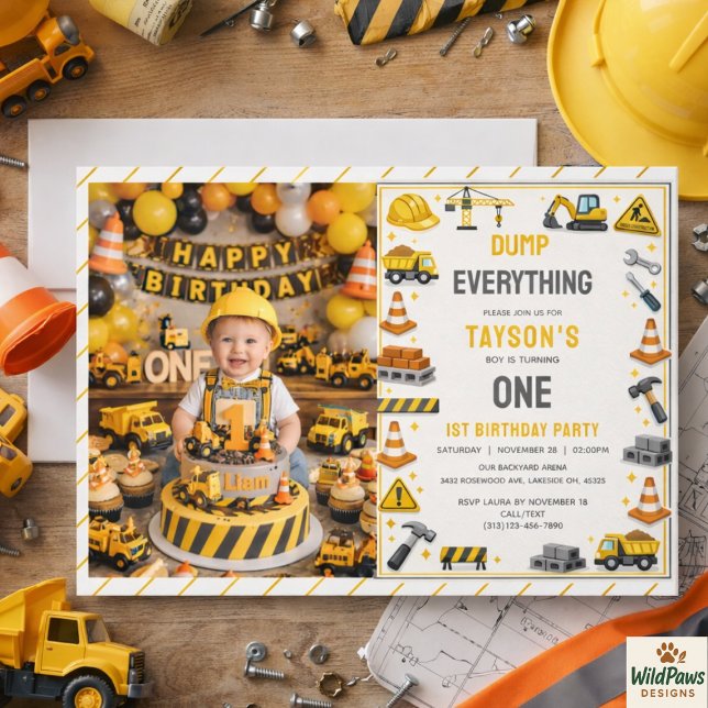Convites Construção 1º Aniversário | Festa do Caminhão de C (Construction 1ST Birthday | Builder Truck Party Invitation
)