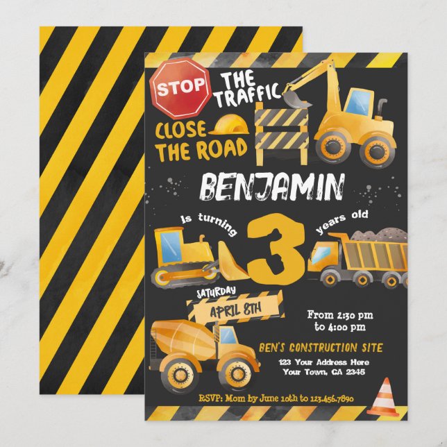 Convites Construção, Aniversário do Caminhão de Despejo (Frente/Verso)