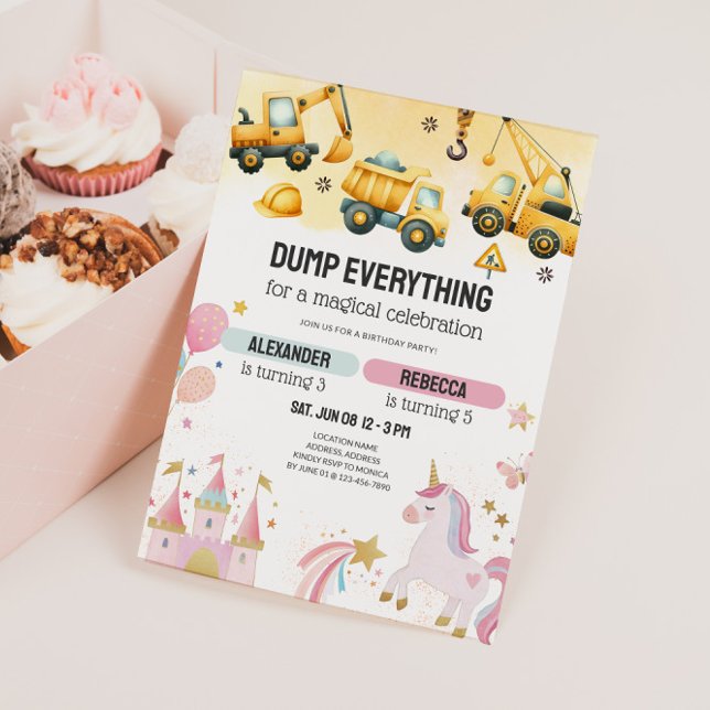 Convites Construção Conjunta & Aniversário de Irmãos Unicór (Joint Kids Birthday Party Invitation - Dump Trucks & Unicorns)