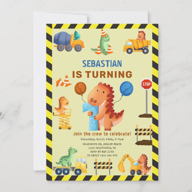 Convites Construção De Dinossauro, primeiro aniversario De  (Frente)