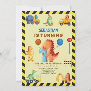 Convites Construção De Dinossauro, primeiro aniversario De 