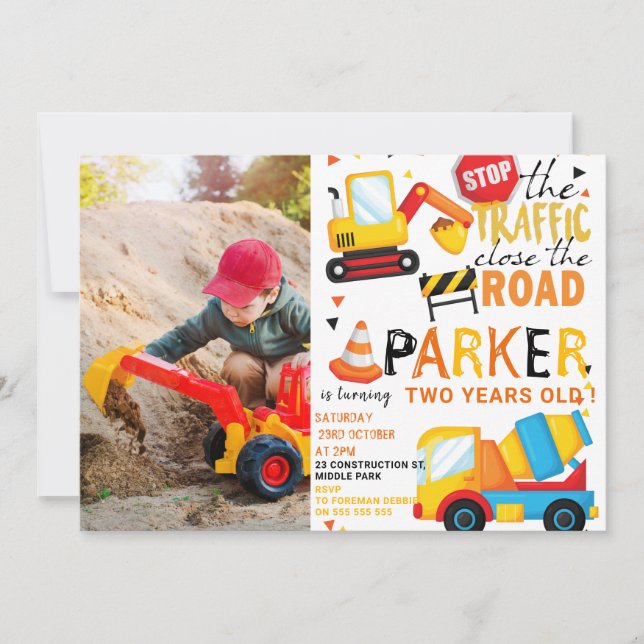 Convites Construção Foto de Aniversário de Fofo (Frente)
