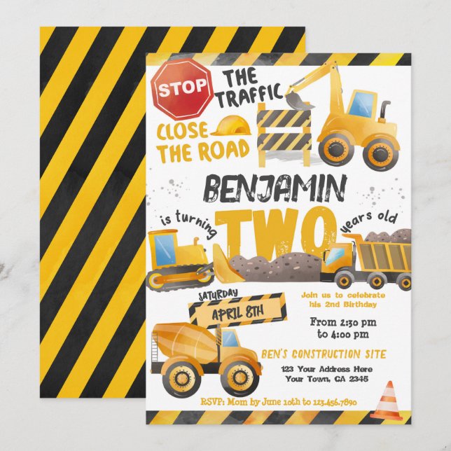 Convites Construção, segundo aniversário de caminhão (Frente/Verso)