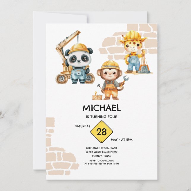 Convites Construções de Animais em Aquarela Qualquer Ano (Frente)