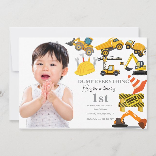Convites Construction 1st Birthday Invitation | Truck (Frente)