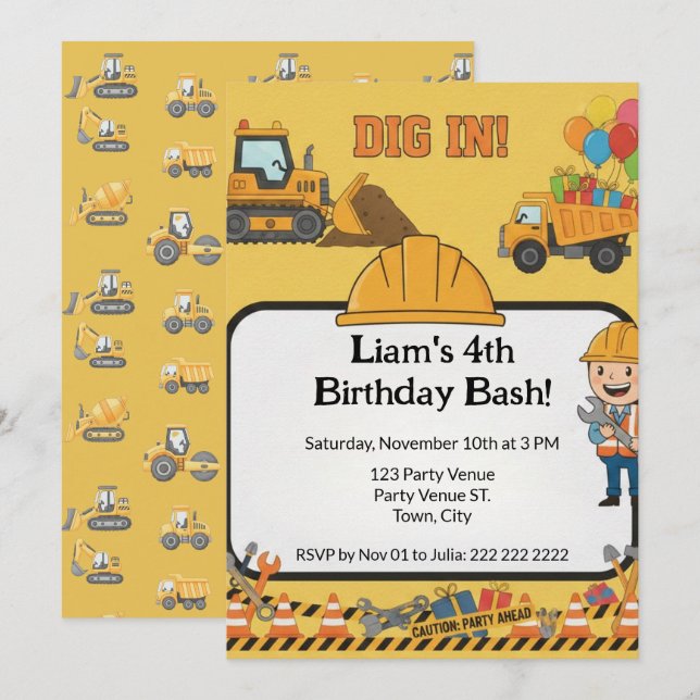 Convites Construction 4th Birthday Invitation | Boy Truck  (Frente/Verso)