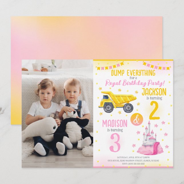 Convites Construction and Princess  Siblings Joint Birthday (Frente/Verso)
