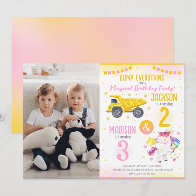 Convites Construction and Unicorn Siblings Joint Birthday (Frente/Verso)