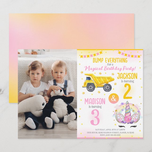 Convites Construction and Unicorn Siblings Joint Birthday (Frente/Verso)