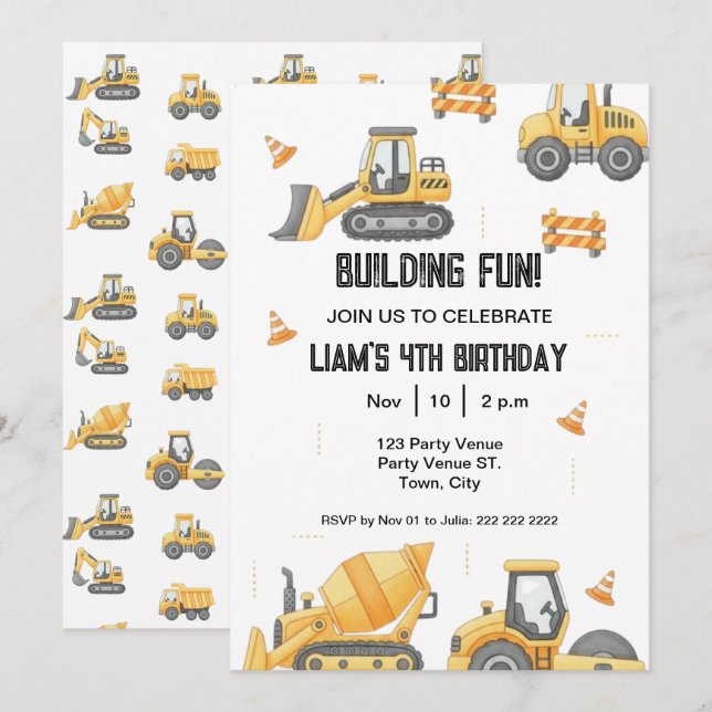 Convites Construction Birthday – Boy's 1st Party Invitation (Frente/Verso)