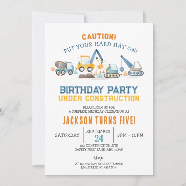 Convites Construction Birthday, Digger Boy 5th Birthday (Frente)