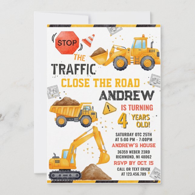 Convites Construction Birthday Invitation (Frente)