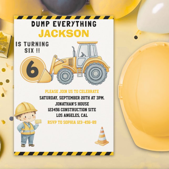 Convites Construction Birthday Turning Six Boy Yellow (Criador carregado)