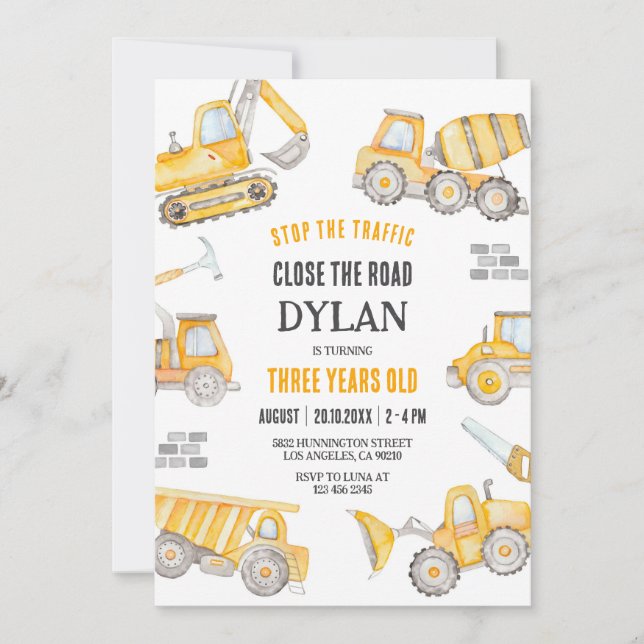Convites Construction Boy Birthday Invitation (Frente)