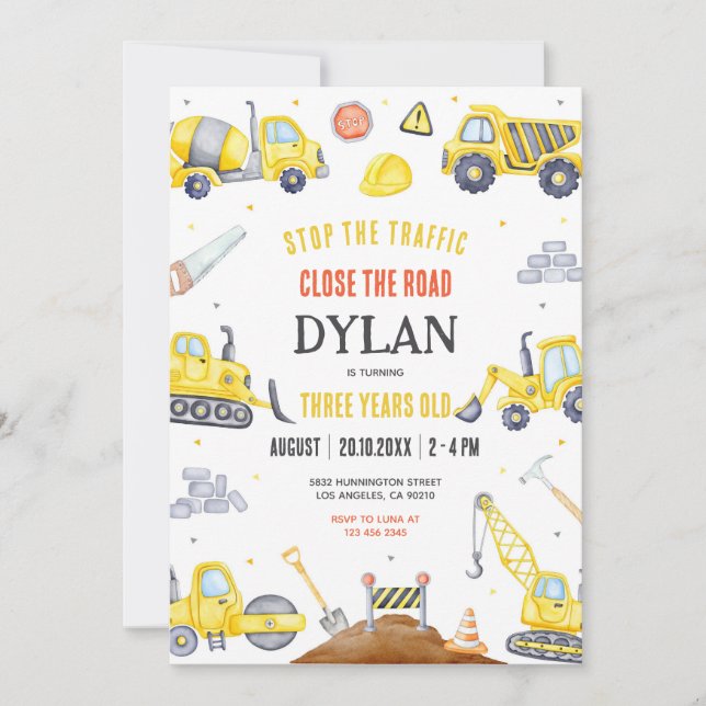 Convites Construction Boy Birthday Invitation (Frente)